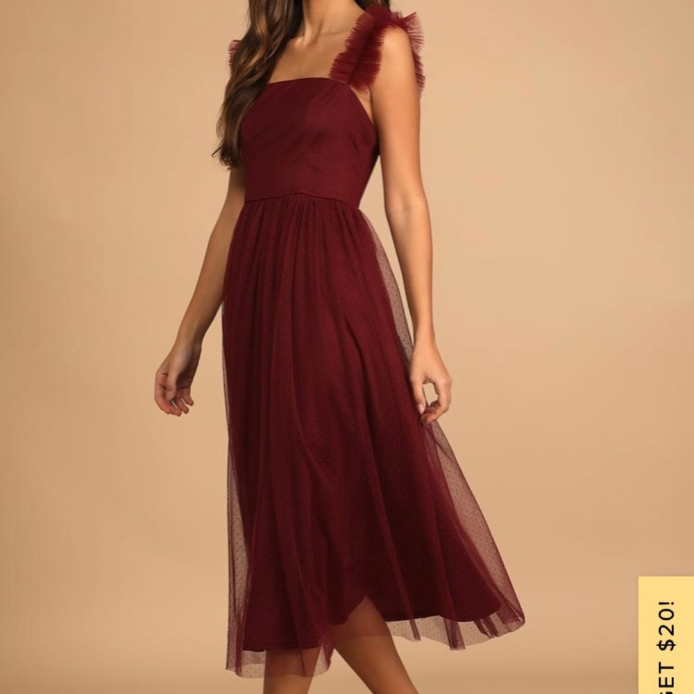 Burgundy Swiss Dot Ruffled Midi Dress